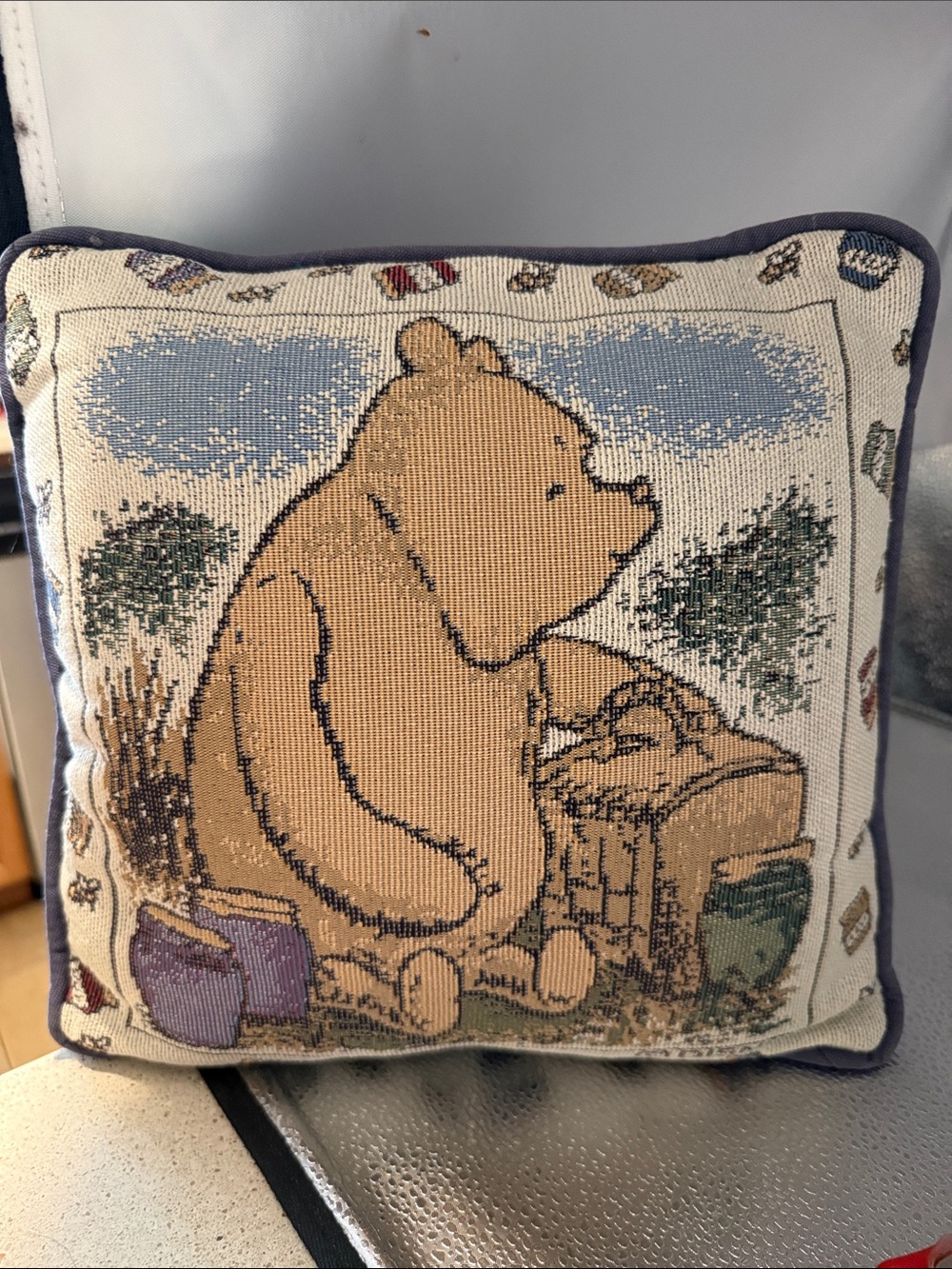 Vintage Winnie the Pooh Decorative Woven Tapestry Throw Pillow - Beige and Blue